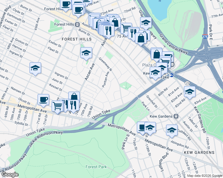 map of restaurants, bars, coffee shops, grocery stores, and more near 1-18 Puritan Avenue in Queens