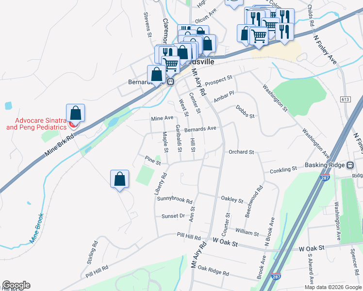 map of restaurants, bars, coffee shops, grocery stores, and more near 9 Hill Street in Bernardsville