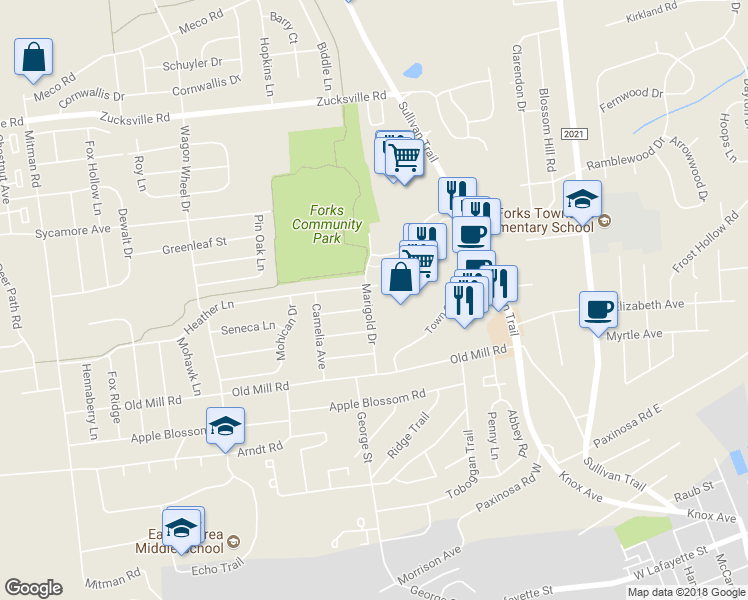 map of restaurants, bars, coffee shops, grocery stores, and more near 1509 Marigold Drive in Easton