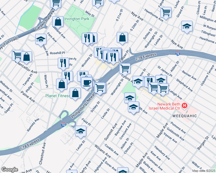 map of restaurants, bars, coffee shops, grocery stores, and more near 259 Schley Street in Newark