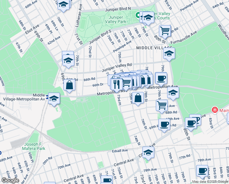 map of restaurants, bars, coffee shops, grocery stores, and more near 72-59 Metropolitan Avenue in Queens