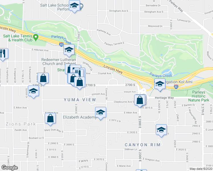 map of restaurants, bars, coffee shops, grocery stores, and more near 2150 Connor Street in Salt Lake City