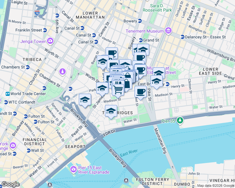 map of restaurants, bars, coffee shops, grocery stores, and more near 29 Henry Street in New York