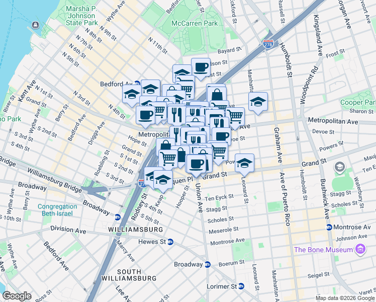 map of restaurants, bars, coffee shops, grocery stores, and more near 65 Ainslie Street in Brooklyn