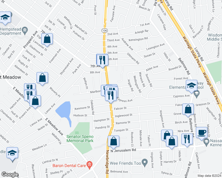 map of restaurants, bars, coffee shops, grocery stores, and more near 2483 Dogwood Avenue in East Meadow