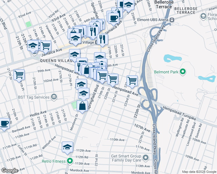 map of restaurants, bars, coffee shops, grocery stores, and more near 220-09 Hempstead Avenue in Queens