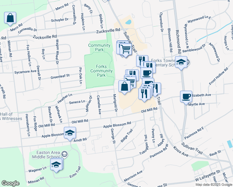 map of restaurants, bars, coffee shops, grocery stores, and more near 1509 Marigold Drive in Easton