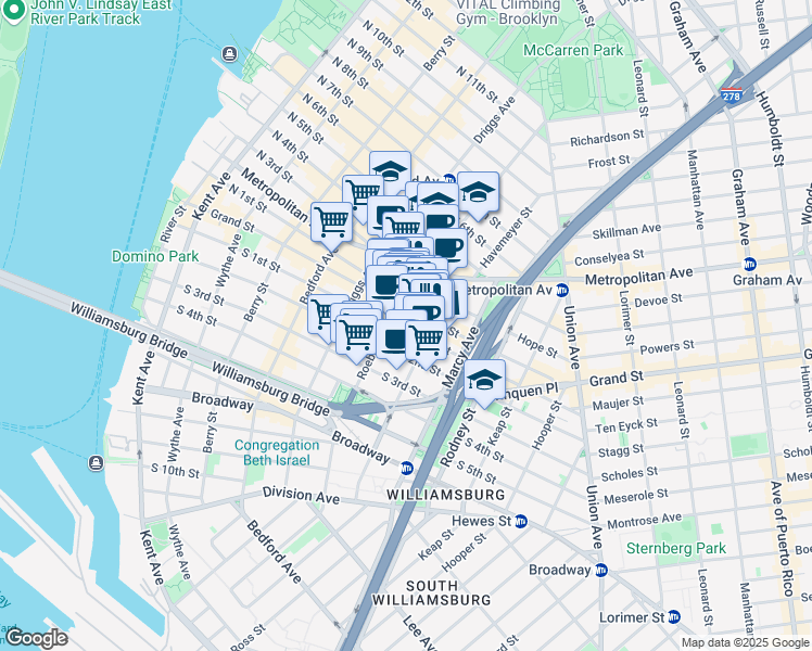 map of restaurants, bars, coffee shops, grocery stores, and more near 124-128 Havemeyer Street in Brooklyn
