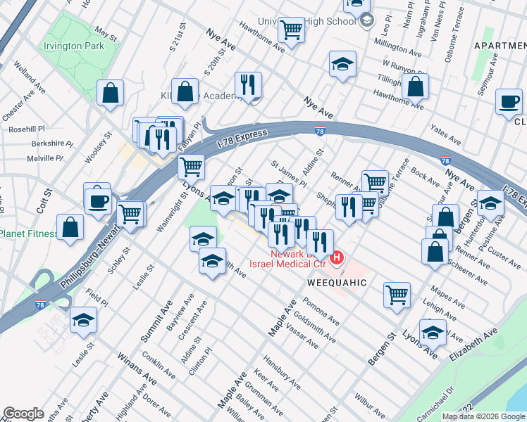 map of restaurants, bars, coffee shops, grocery stores, and more near 94 Willoughby Street in Newark