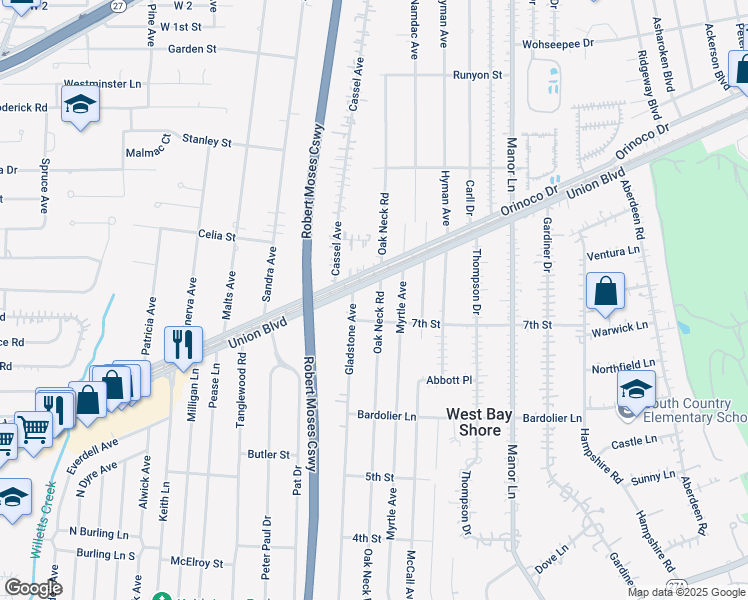 map of restaurants, bars, coffee shops, grocery stores, and more near 717 Oak Neck Road in West Islip