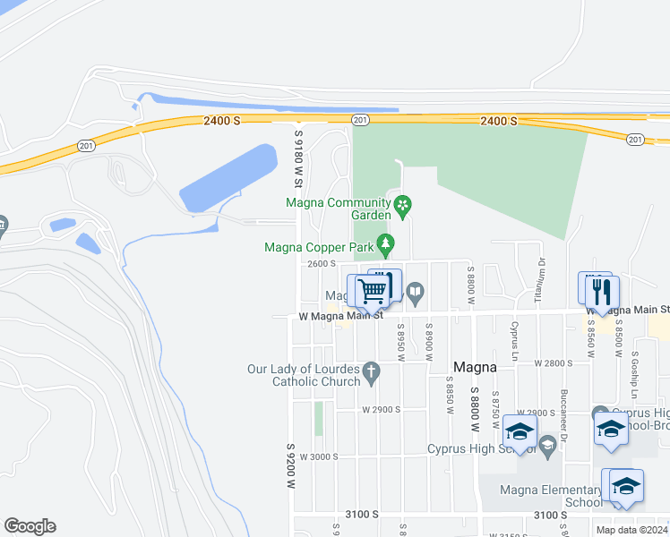 map of restaurants, bars, coffee shops, grocery stores, and more near 2620 South 9085 West in Magna