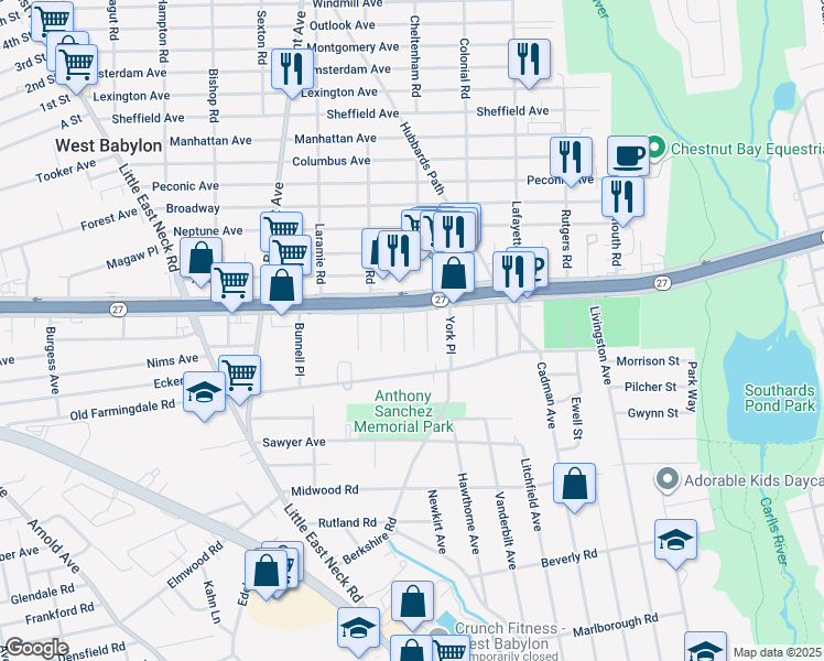 map of restaurants, bars, coffee shops, grocery stores, and more near 508 Bedford Avenue in West Babylon