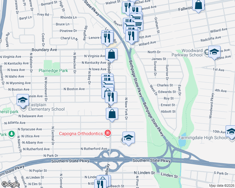 map of restaurants, bars, coffee shops, grocery stores, and more near 196 North Boston Avenue in Massapequa