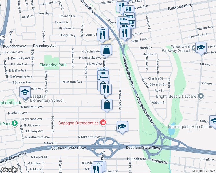 map of restaurants, bars, coffee shops, grocery stores, and more near 1088 North Broadway in Massapequa