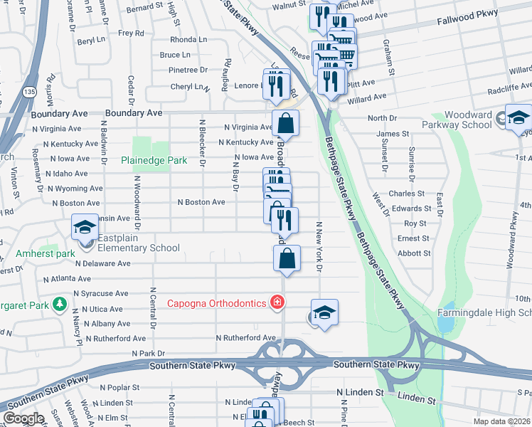 map of restaurants, bars, coffee shops, grocery stores, and more near 210 North Boston Avenue in Massapequa