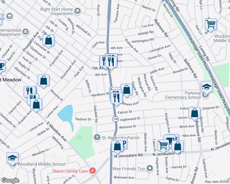 map of restaurants, bars, coffee shops, grocery stores, and more near 2483 Dogwood Avenue in East Meadow