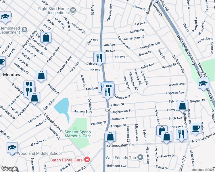 map of restaurants, bars, coffee shops, grocery stores, and more near 2483 Dogwood Avenue in East Meadow