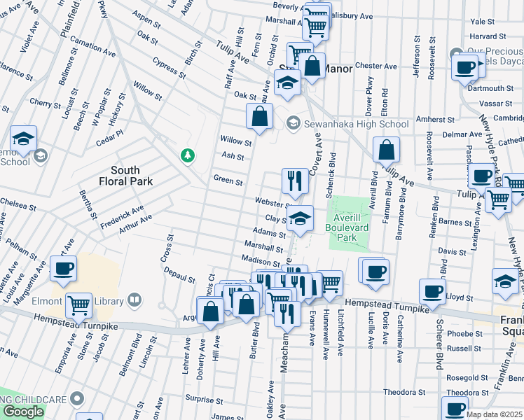 map of restaurants, bars, coffee shops, grocery stores, and more near 1425 Webster Street in Floral Park