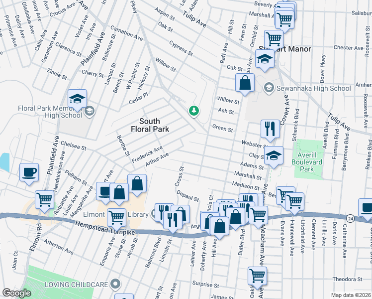 map of restaurants, bars, coffee shops, grocery stores, and more near 1543 Clay Street in Elmont