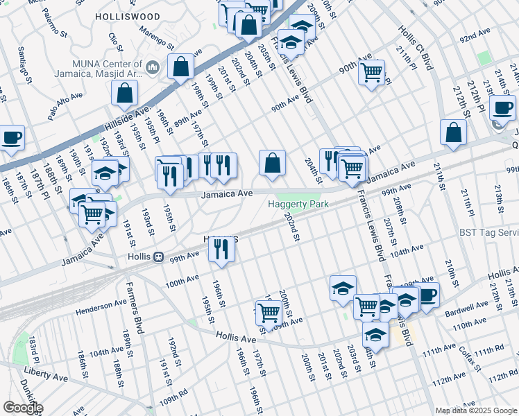 map of restaurants, bars, coffee shops, grocery stores, and more near 94-11 199th Street in Queens