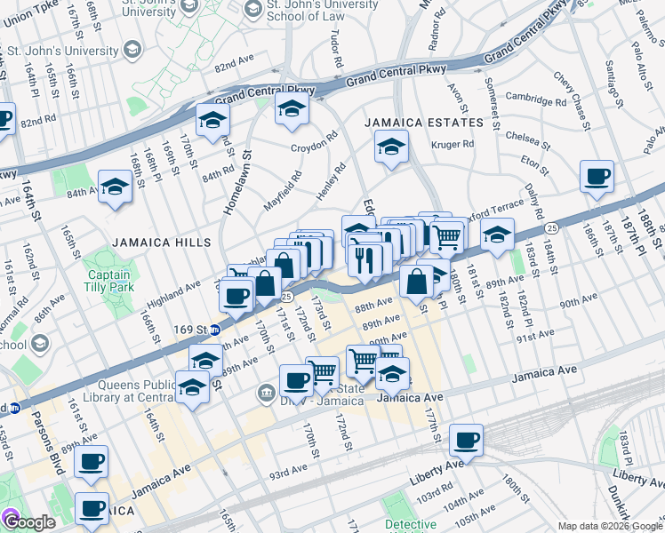map of restaurants, bars, coffee shops, grocery stores, and more near 175-27 Wexford Terrace in Queens