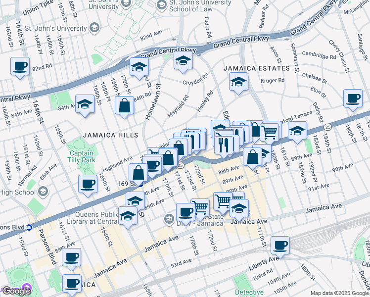 map of restaurants, bars, coffee shops, grocery stores, and more near 50 Highland Avenue in Queens