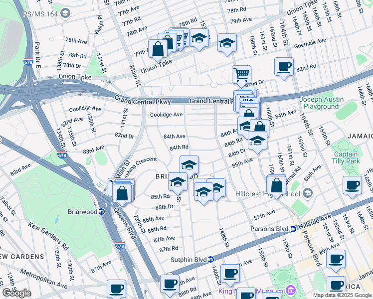 map of restaurants, bars, coffee shops, grocery stores, and more near 84-19 Smedley Street in Queens