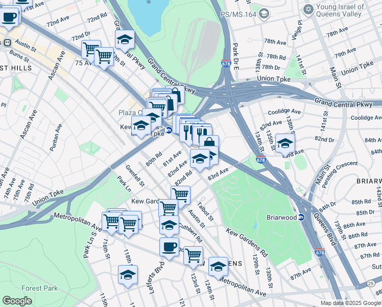 map of restaurants, bars, coffee shops, grocery stores, and more near 14 81st Avenue in Queens