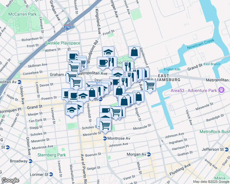 map of restaurants, bars, coffee shops, grocery stores, and more near 316 Powers Street in Brooklyn