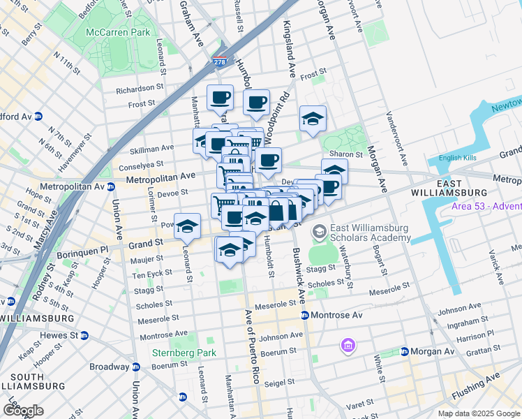 map of restaurants, bars, coffee shops, grocery stores, and more near 321A Humboldt Street in Brooklyn