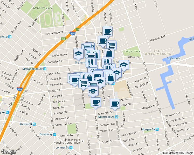 map of restaurants, bars, coffee shops, grocery stores, and more near 321A Humboldt Street in Brooklyn