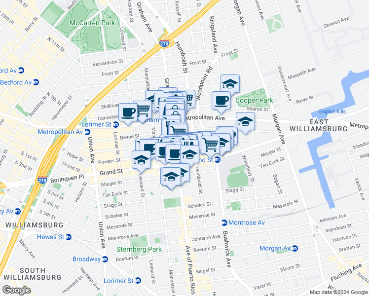 map of restaurants, bars, coffee shops, grocery stores, and more near 260 Ainslie Street in Brooklyn