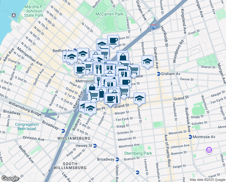 map of restaurants, bars, coffee shops, grocery stores, and more near 422 Union Avenue in Brooklyn