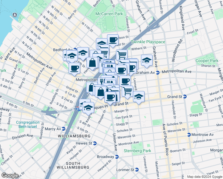 map of restaurants, bars, coffee shops, grocery stores, and more near 422 Union Avenue in Brooklyn