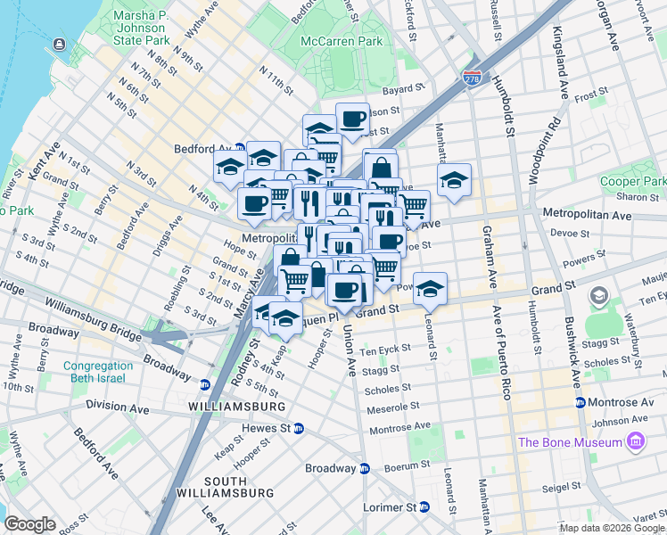 map of restaurants, bars, coffee shops, grocery stores, and more near 422 Union Avenue in Brooklyn