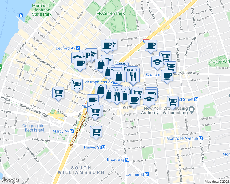 map of restaurants, bars, coffee shops, grocery stores, and more near 422 Union Avenue in Brooklyn