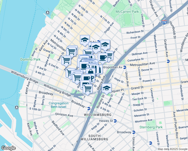 map of restaurants, bars, coffee shops, grocery stores, and more near 124-128 Havemeyer Street in Brooklyn