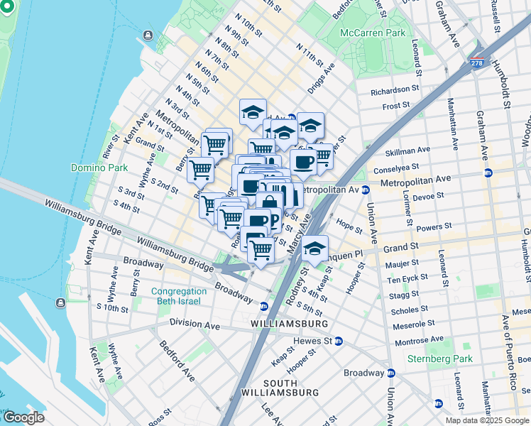 map of restaurants, bars, coffee shops, grocery stores, and more near 124-128 Havemeyer Street in Brooklyn