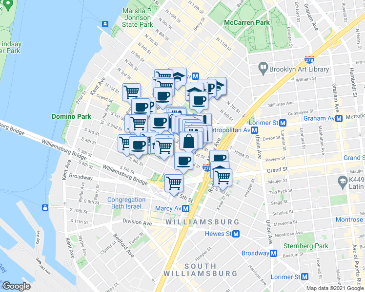 map of restaurants, bars, coffee shops, grocery stores, and more near 124-128 Havemeyer Street in Brooklyn