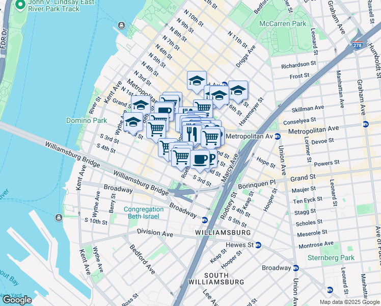 map of restaurants, bars, coffee shops, grocery stores, and more near 175 Roebling Street in Brooklyn