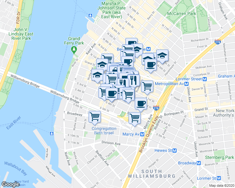 map of restaurants, bars, coffee shops, grocery stores, and more near in Brooklyn