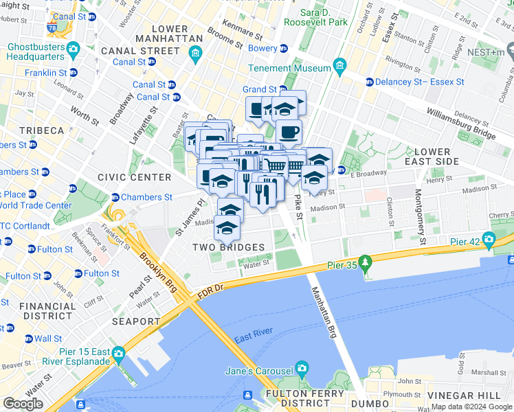 map of restaurants, bars, coffee shops, grocery stores, and more near 56 East Broadway in New York