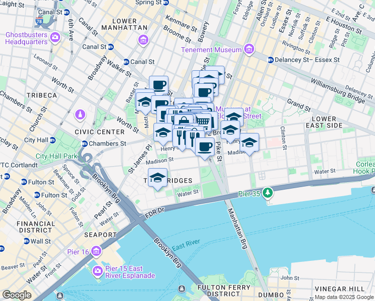 map of restaurants, bars, coffee shops, grocery stores, and more near 56 East Broadway in New York