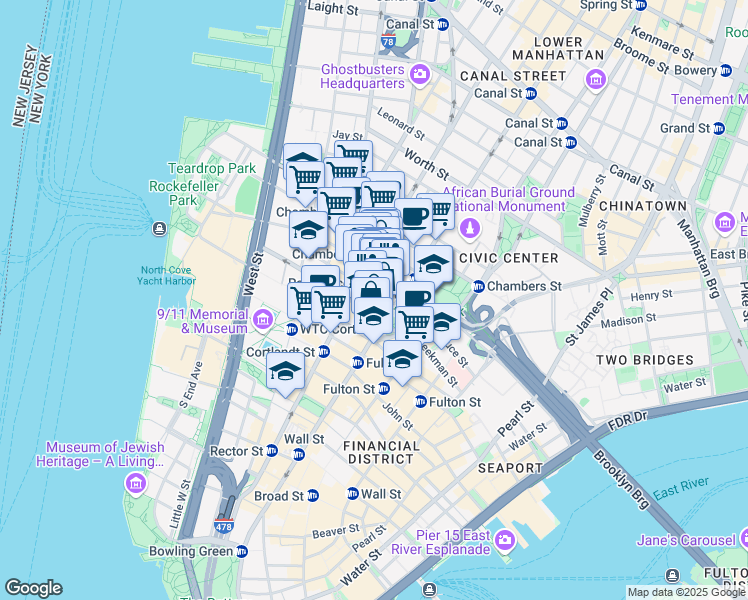 map of restaurants, bars, coffee shops, grocery stores, and more near in New York