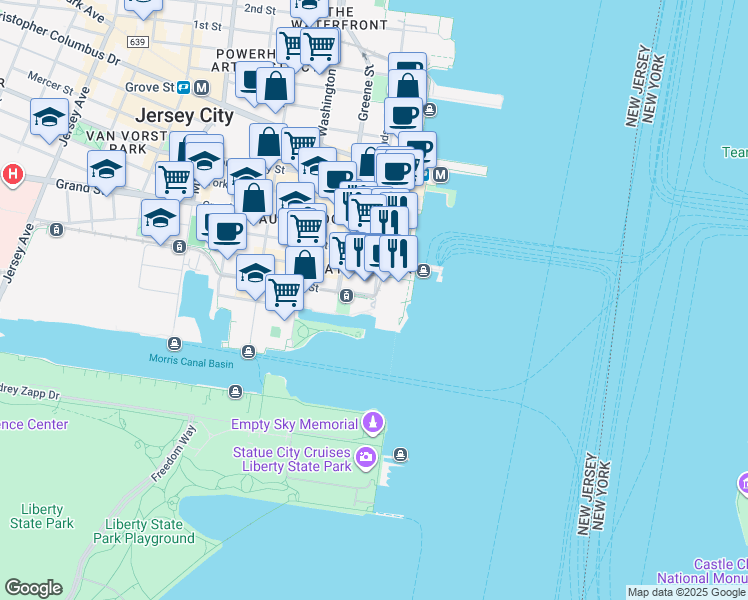 map of restaurants, bars, coffee shops, grocery stores, and more near 35 Hudson Street in Jersey City