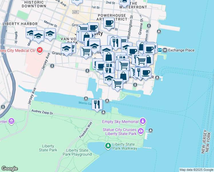 map of restaurants, bars, coffee shops, grocery stores, and more near in Jersey City