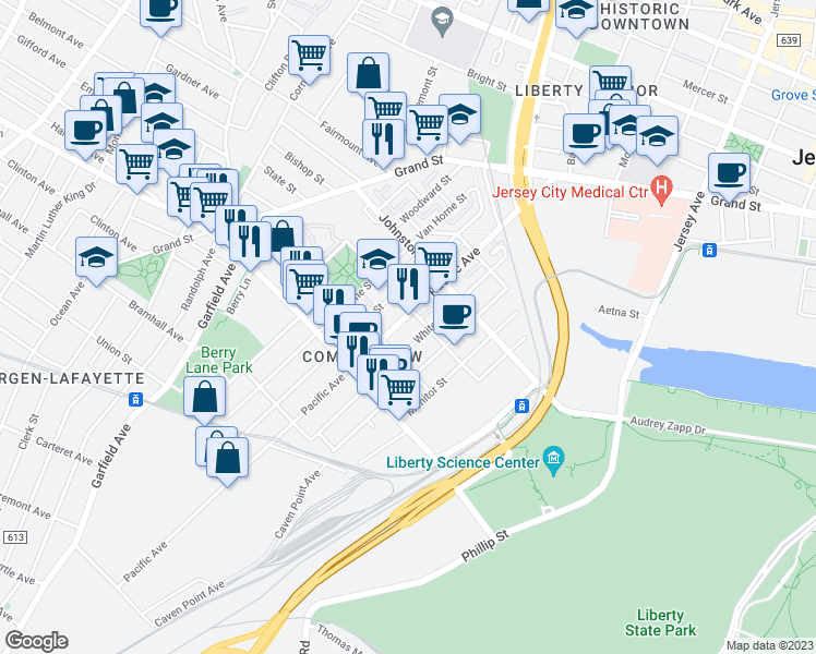 map of restaurants, bars, coffee shops, grocery stores, and more near 357 Pacific Avenue in Jersey City