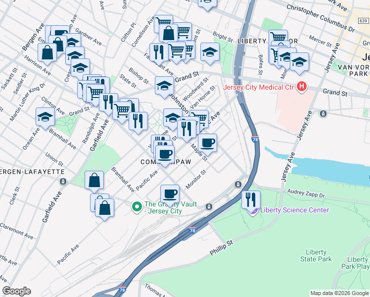 map of restaurants, bars, coffee shops, grocery stores, and more near 357 Pacific Avenue in Jersey City