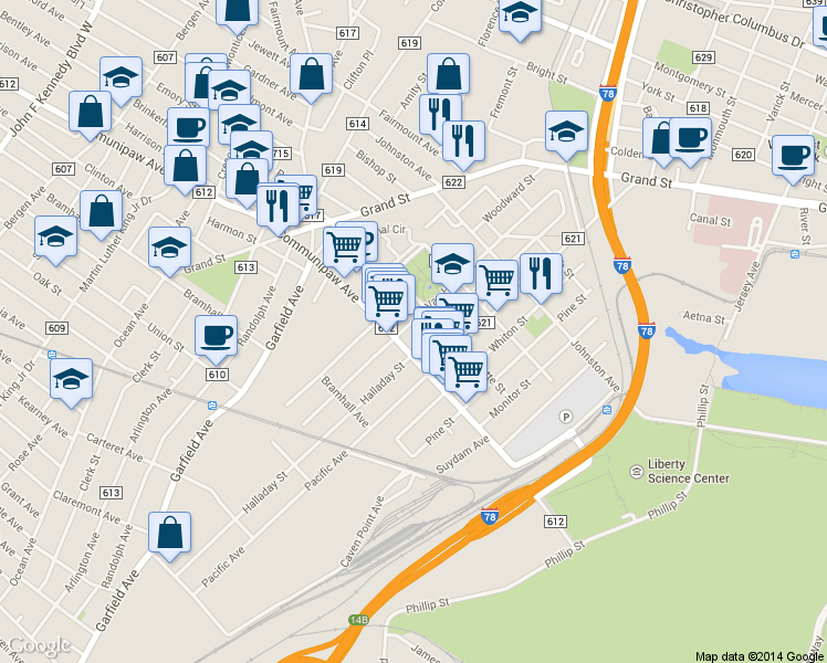 map of restaurants, bars, coffee shops, grocery stores, and more near 392 Communipaw Avenue in Jersey City