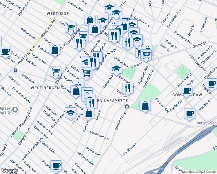 map of restaurants, bars, coffee shops, grocery stores, and more near 791 Ocean Avenue in Jersey City